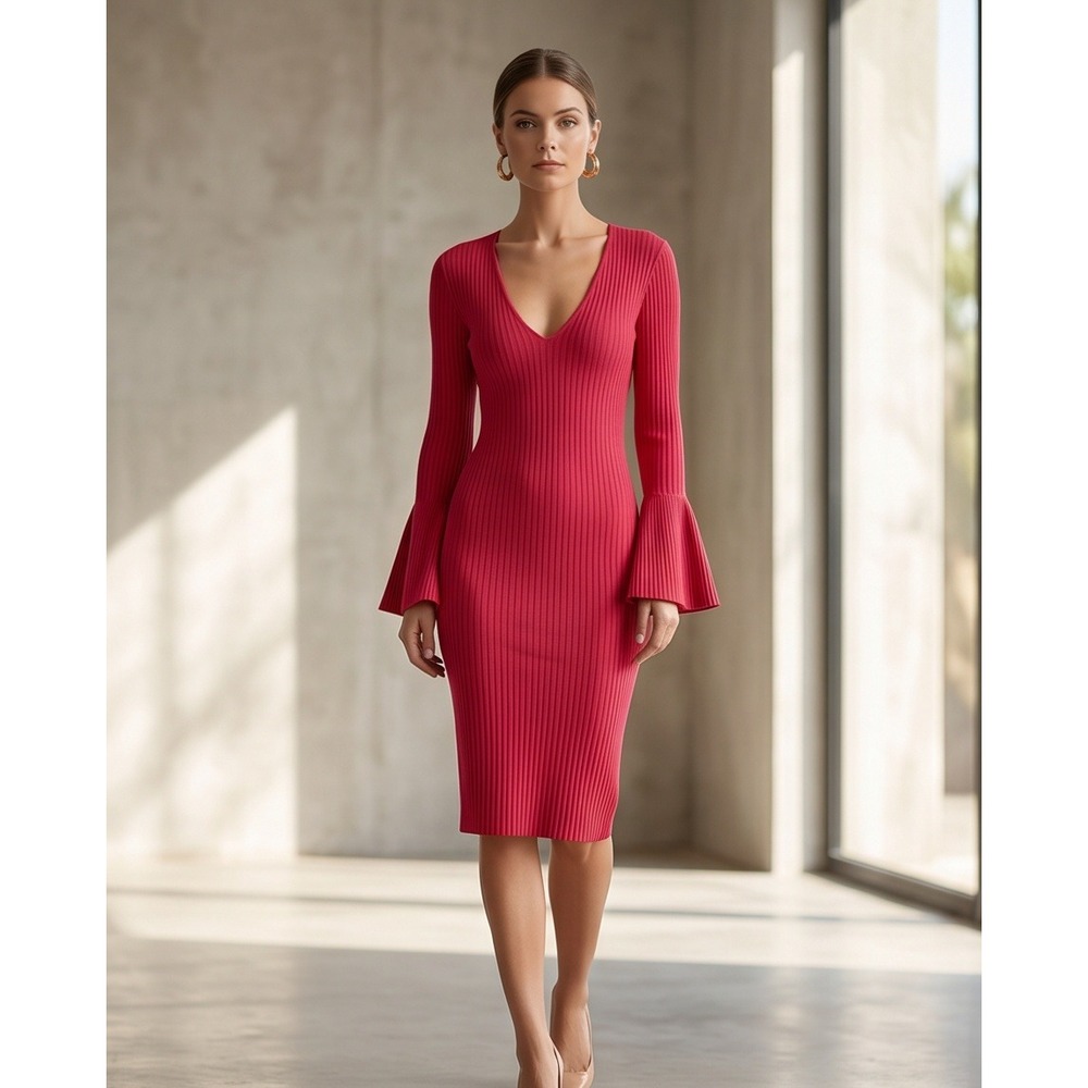 Boohoo 12 Red Ribbed V-Neck Bell Sleeve Knee Length Dress Large NWT